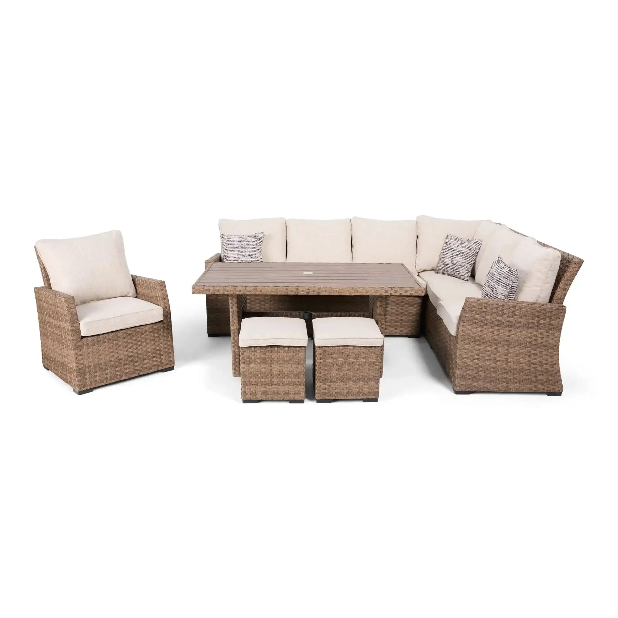 Arcadia Sectional Group - Driftwood - WaterTrendsStore - Conversation Table w/ 2 Cube Ottomans - $500 - 85924/46153